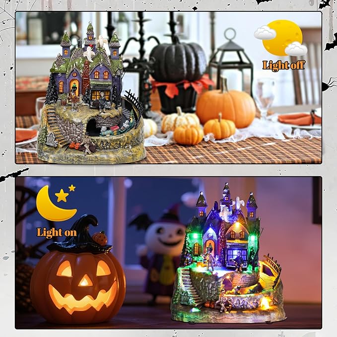 DREAM GARDEN Halloween Village Collection, Lighted Spooky Haunted House with Animated Train and Scary Sound Resin Spooky Town with Skull, Pumpkin, Ghost for Holiday Party Tabletop Decor-Ruum Studio Home