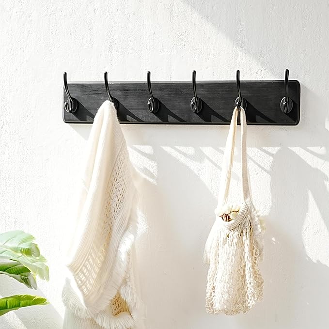 Dseap Wall Mounted Coat Rack: 24" Long, Patented, Heavy-Duty, 6-Double-Hooks Wooden Hanger Rail for Winter Coats, Hat, Jacket, Clothing - Black, Pack of 2-Ruum Studio Home