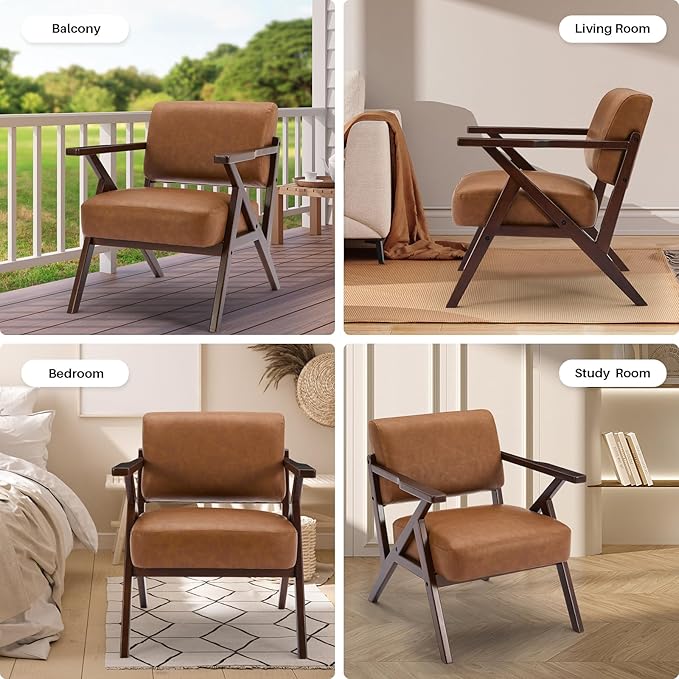 Mid-Century Modern Lounge Armchair - Genuine Brown Leather with Solid Wood X-Base Frame, Seat Cushion - for Living Room, Study, Balcony Retro Design, Brown Leather-Ruum Studio Home