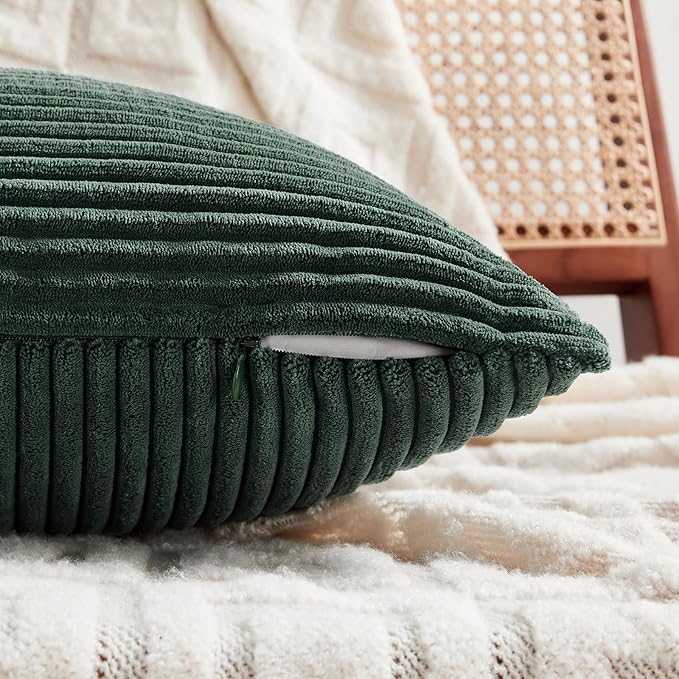 Fancy Homi Set of 2 Dark Green Decorative Throw Pillow Covers 26x26 Inch for Bedroom Couch Bed, Boho Farmhouse Forest Green Home Decor, Soft Corss Corduroy Patchwork Textured Cushion Case 66x66 cm-Ruum Studio Home