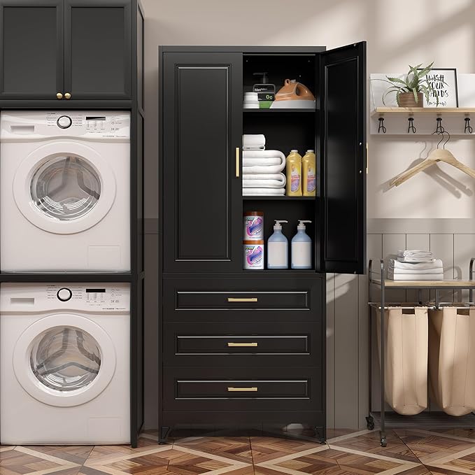 75" Kitchen Pantry Cabinet with 3 Drawers,Metal Storage Cabinets with Doors and 4 Adjustable Shelves,Black Kitchen Cabinet with 2 Gold Handles,Food Cupboard for Livingroom, Bathroom,Pantry-Ruum Studio Home