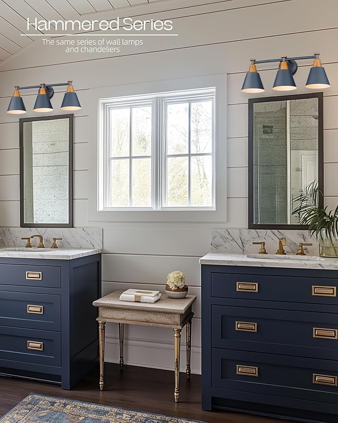 FEMILA Bathroom Vanity Light, 3-Light Modern Bathroom Light Fixture with Hammered Metal Shade Finish, Dark Blue Wall Sconce Lamp Lighting for Bedroom, 4FG59B-3W Blue-Ruum Studio Home
