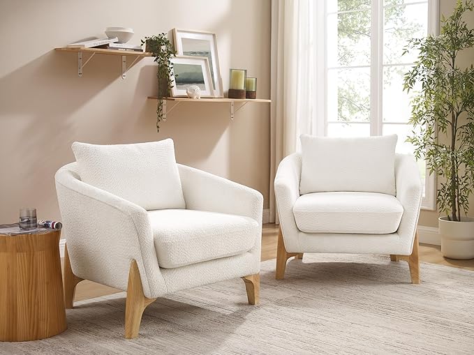 Accent Chair 31" Oversized Reading Chair Comfy Upholstered Boucle Lounge Armchair, Modern Living Room Chair with Back Pillow,Single Sofa Chair for Bedroom, Office (Beige)-Ruum Studio Home