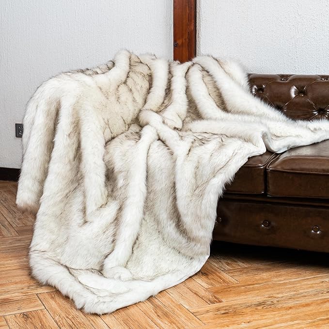 BATTILO HOME Luxury White Faux Fur Throw Blanket Long Pile with Black Tips, 51"x67", Super Warm Thick Faux Fur Blanket for Couch, Bed, Fuzzy Fluffy Elegant Cozy Blanket-Ruum Studio Home