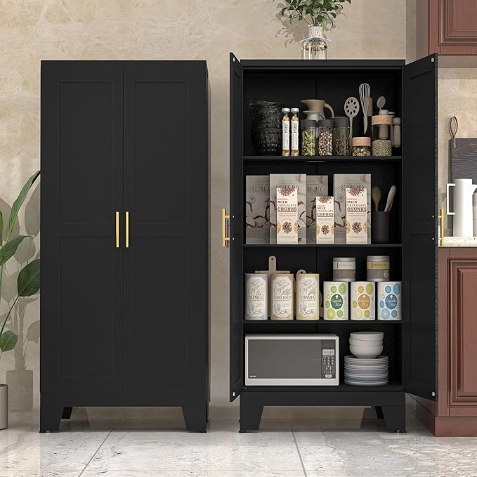 61" Balck Metal Kitchen Storage Cabinet, Kitchen Pantry Storage Cabinet with Doors and Shelves, Storage Cabinet with Adjustable Leveling Foot for Kitchen, Living Room and Dining Room-Ruum Studio Home