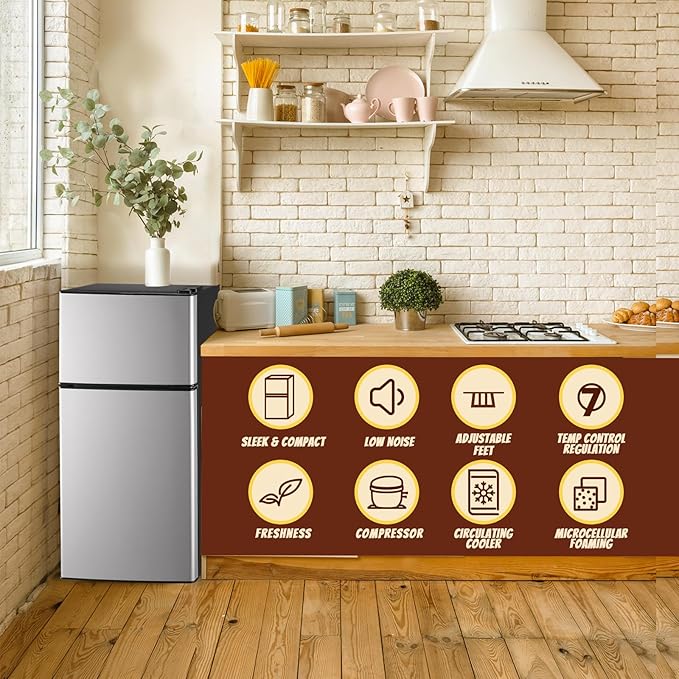 2.4 Cu.ft Mini Fridge Small Refrigerator with Freezer Dual Door Dorm Fridge for Personal Senven Temp Gear Suit for Apartment, Bedroom, Rv Silver-Ruum Studio Home