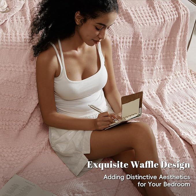 PHF 100% Cotton Waffle Weave Blanket King Size, Soft Lightweight Breathable Cozy Summer Blankets for Bed, Luxury Aesthetic Woven Bedding for Home Decor, 108"x90", Pink/Mauve-Ruum Studio Home