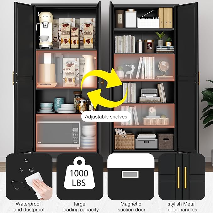 Kitchen Pantry Storage Cabinet with Doors and Adjustable Shelves, Metal ClosetMaid Food Pantry Cabinets, 75" Tall Freestanding Cupboard for Kitchen, Laundry or Utility Room, Black-Ruum Studio Home