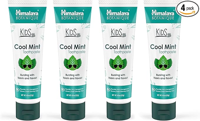 Himalaya Botanique Kids Toothpaste, Herbal, Cool Mint Flavor, Fights Plaque, Fluoride Free, Gentle, No Artificial Flavors or Colors, SLS Free, Gluten Free, Cruelty Free, Vegan, Foaming, 4 Oz, 4 Pack…-Ruum Studio Home
