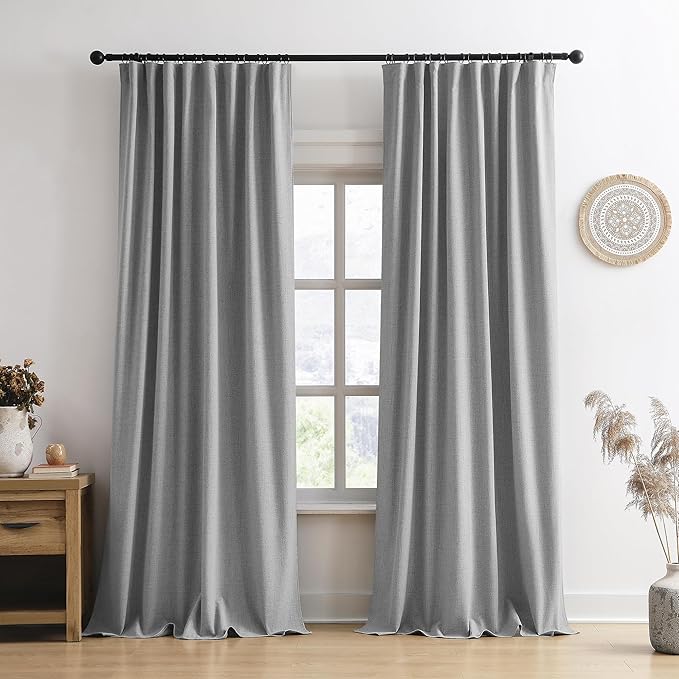 RAIN CITY Grey Linen Blackout Curtains 96 Inches Long,100% Light Blocking Textured Curtains for Bedroom Living Room Thermal Back Tab Rod Pocket Curtains 2 Panels with Hooks 50 x 96-Ruum Studio Home