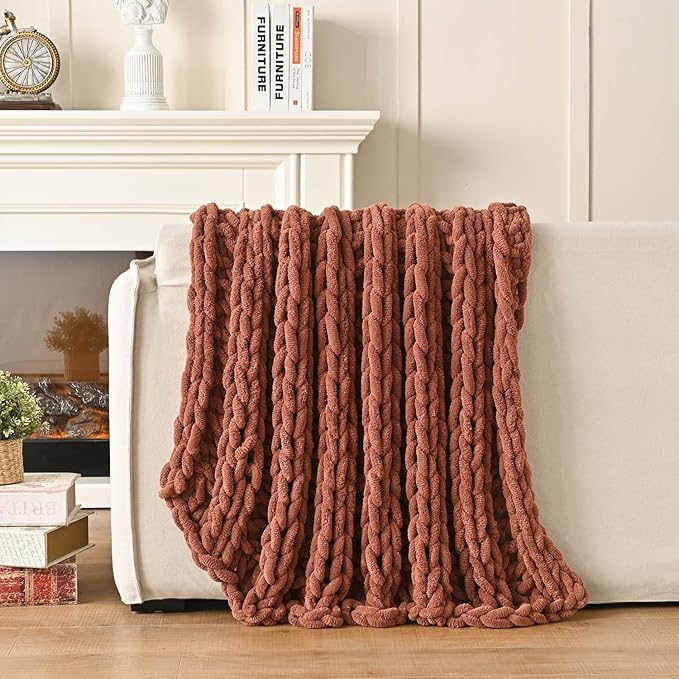Esterra Chunky Knit Blanket Throw, 100% Handmade Chenille Throw Blanket 50"x60", Soft Thick Yarn Cable Knit Crochet Throw Blanket Rope Knot Throw for Couch Bed Sofa, Copper Brown-Ruum Studio Home
