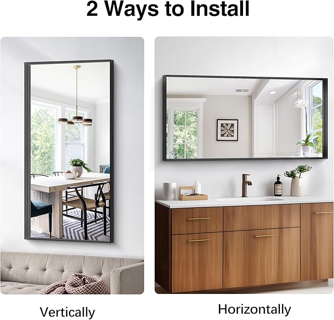 Black Bathroom Mirror, 24x48 Inch Rectangular Framed Mirror, Large Wall Mounted Bathroom Vanity Mirror Over Sink for Bedroom,Restroom, Living Room, Hangs Vertically or Horizontally-Ruum Studio Home