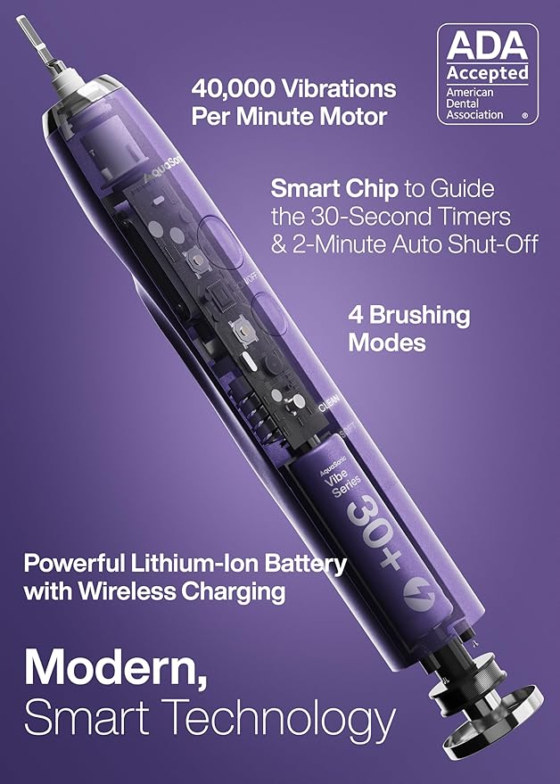 Aquasonic Vibe Series Ultra-Whitening Toothbrush – ADA Accepted Electric Toothbrush - 8 Brush Heads & Travel Case – 40,000 VPM Motor & Wireless Charging - 4 Modes w Smart Timer – Satin Violet-Ruum Studio Home
