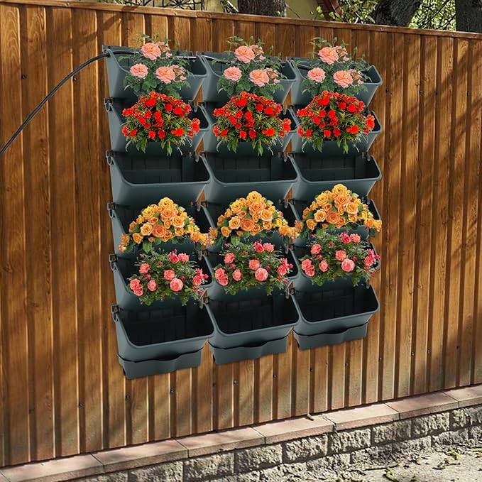 Self-Watering Wall-Mounted Planter, Vertical Garden Planter Set with 18 Pots, Stackable Plant Grow Pots with Electronic Timer for Growing Veggies, Fruits, Herbs, Flowers.-Ruum Studio Home