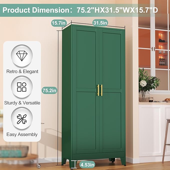Metal Pantry Cabinet with 2 Doors and 5 Adjustable Shelves, 75" Kitchen Storage Cabinet with Gold Handles, Versatile Storage for Laundry, Living, Bathroom, Dining, Utility Room - Green-Ruum Studio Home