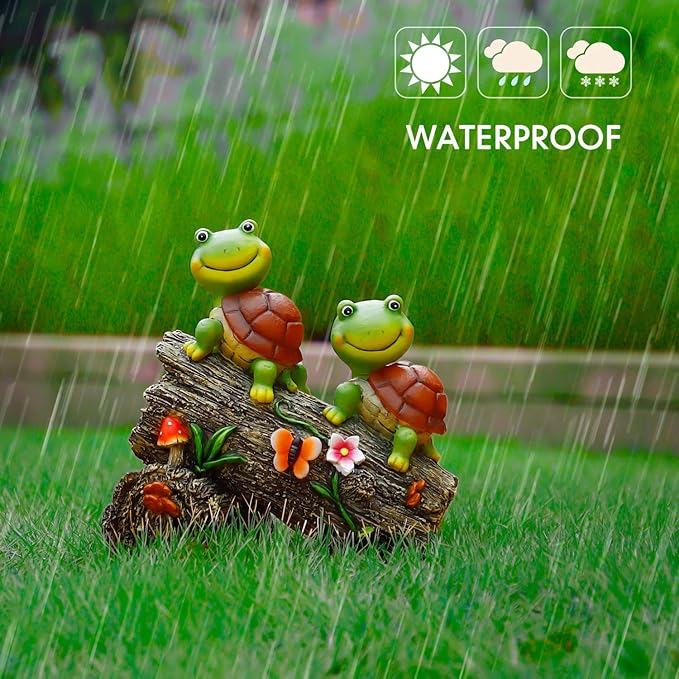 Garden Turtle Figurines Outdoor Decorations, Solar Powered Sweet Frog Face Turtles Resin Statue with 4 LED Lights, Garden Art Spring Fall Winter Christmas Decor for Patio Lawn Yard-Ruum Studio Home