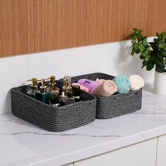 Large Shallow Organizing Baskets 15x11x5.1 Inches - Rope Woven Storage Bins for Bathroom, Shelves, Cube Closet, Mixed Black 2 Packs-Ruum Studio Home