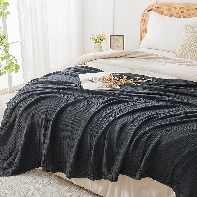 EMME Cotton Muslin Throw Blanket Couch Breathable Gauze Blanket Soft Lightweight Blankets Adults (Black, 50"x60")-Ruum Studio Home