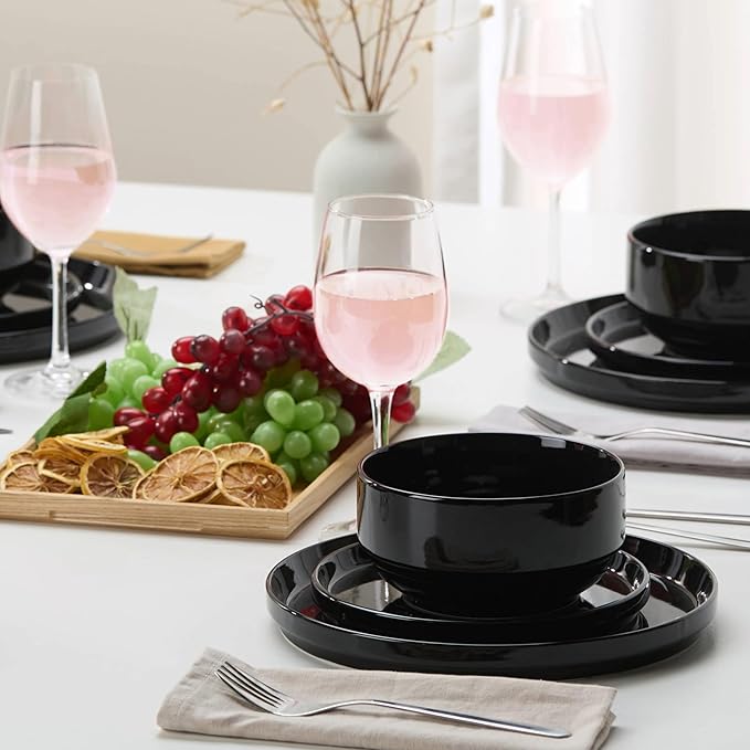 Ceramic Dinnerware Set, 12-Piece Service for 4, Soup Bowls (31.5 oz), Salad Plates (7.5"), Dinner Plates (10.5"), Round, Microwave and Dishwasher Safe, Black, Cambridge Classics-Ruum Studio Home