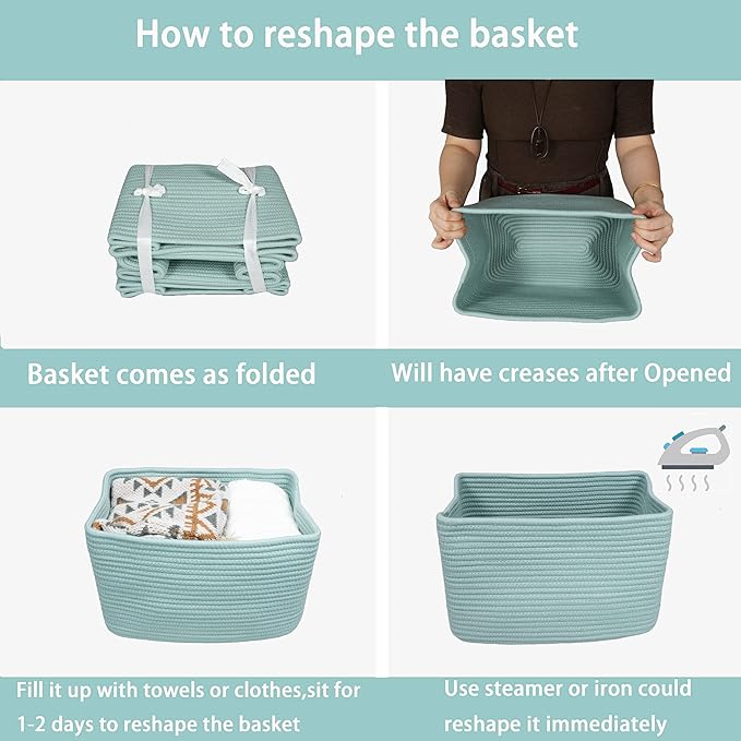 Cotton Rope storage Basket Bins Woven Basket for Organizing Shelves Rectangle Decorative Baskets For storage Clothes Toys Books Towels Square Wicker Nursery basket organizer 3 pack Green-Ruum Studio Home