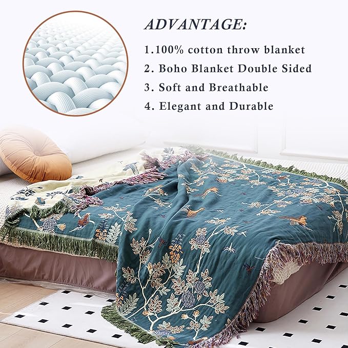 Snycler Boho Throw Blanket for Bed - 100% Cotton Ultra Soft Rustic Quilt Blanket Green Floral Bird Printed Farmhouse Decor Bed Blankets, 60"×80" All Season Rustic Throw for Sofa Chair Couch-Ruum Studio Home