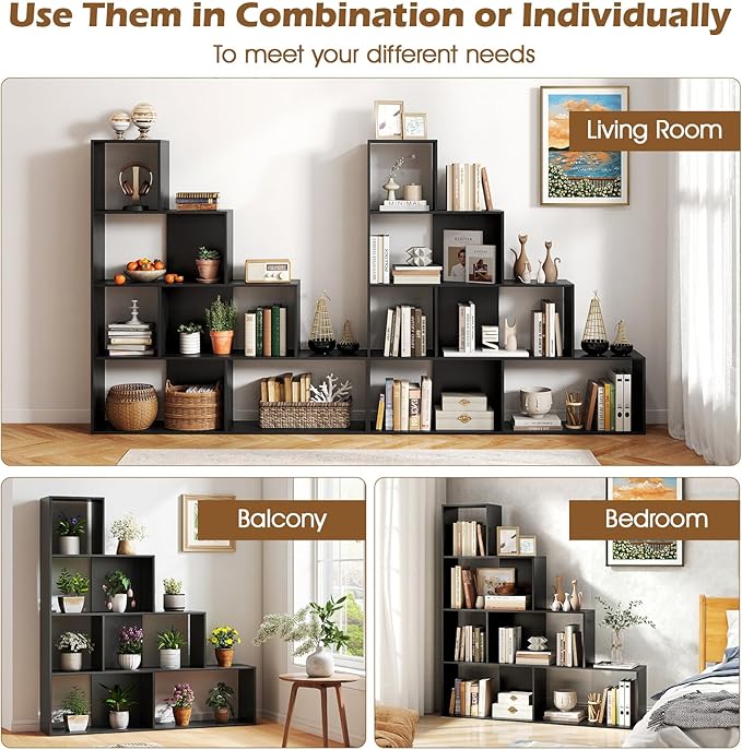 Tangkula 4-Tier Stepped Bookshelf, Freestanding 6 Cubes Ladder Bookcase with Anti-Tipping Kits, 64" Tall Modern Wooden Storage Display Rack for Home Office Living Room Study (2, Black)-Ruum Studio Home