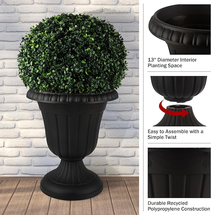 Pure Garden Outdoor Planter 2-Pack - 16x18-Inch Urn Planters - Plastic Plant Pots for Indoor, Outdoor, or Front Porch Decor - Flower Pots (Black)-Ruum Studio Home