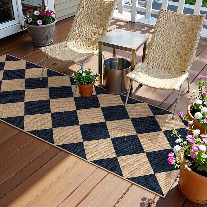 Lahome Checkered Easy Jute Runner, 2x6 Kitchen Runner Rug Non Slip Washable Outdoor Rug for Entryway Indoor, Checkerboard Black Indoor Outdoor Carpet for Hallway 6ft Entry Front Door-Ruum Studio Home