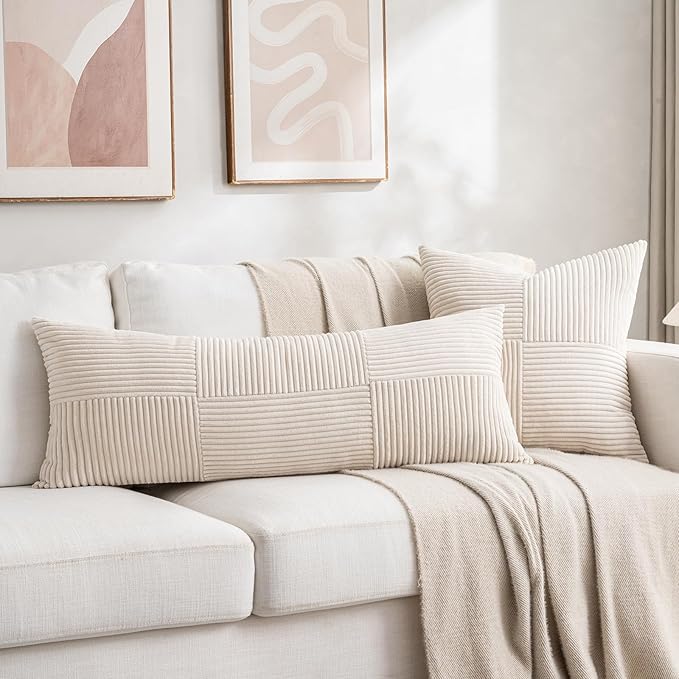 Fancy Homi Set of 2 Cream Boho Long Lumbar Body Decorative Throw Pillow Cover 14x36 Inch for Bed Couch Bedroom Bench, Soft Patchwork Corduroy Textured Pillow Case, Rustic Farmhouse Room Décor-Ruum Studio Home