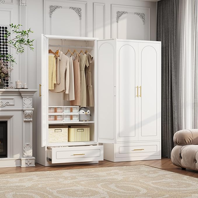 Metal Armoire Wardrobe Closet with 2 Doors, 71" Tall Wardrobe Cabinet with Hanging Rod, Drawers and Adjustable Shelves, White Clothing Storage Cabinets for Bedroom, Home Office-Ruum Studio Home