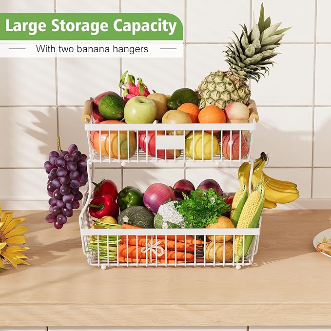 2 Tier Fruit Basket for Kitchen Counter with 2 Banana Hangers, Countertop Metal Fruit Bowl with Wooden Handle, Large Storage Stand for Vegetables, Snacks, Breads, Produce Storage – White-Ruum Studio Home