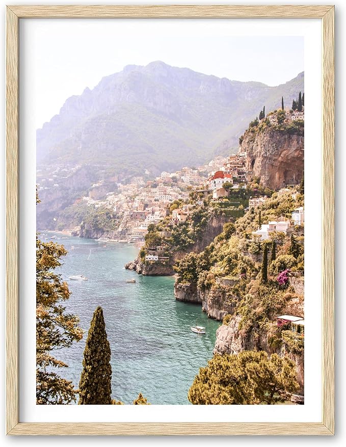 HesenDot Natural OAK Wood Framed Italy Coastal Wall Art,12x16in Amalfi Coast Canvas Wall Print,Positano Seascape Boho Poster Wall Decor for Living Room,Bedroom,Office Gallery Set of 1-Ruum Studio Home