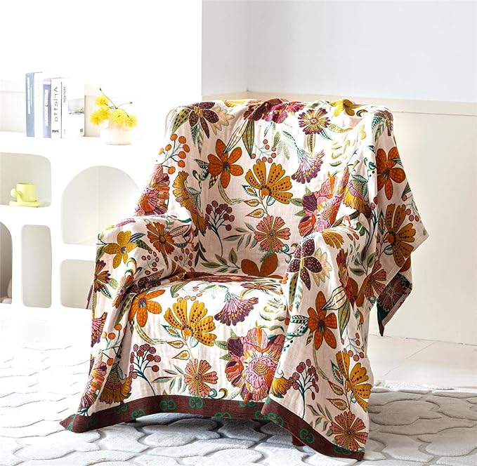 Summer Throw Blanket for Couch Bed Chair, 100% Cotton Muslin Breathable Woven Throws 60''x 80'' Boho Vintage Quilt for All Seasons Warm Lightweight Farmhouse Blankets Home Decoration-Ruum Studio Home