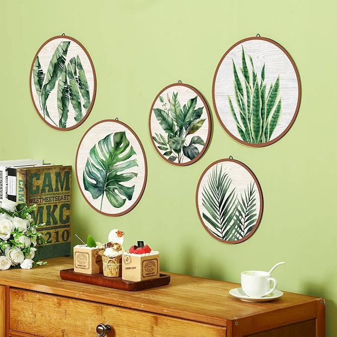 Qunclay 5 Pcs Wall Art Decor Wooden Living Room Wall Decor Bohemian Hanging Farmhouse Geometric 10'' and 8'' Aesthetic Wood Minimalist Posters for Bedroom(Leaves)-Ruum Studio Home