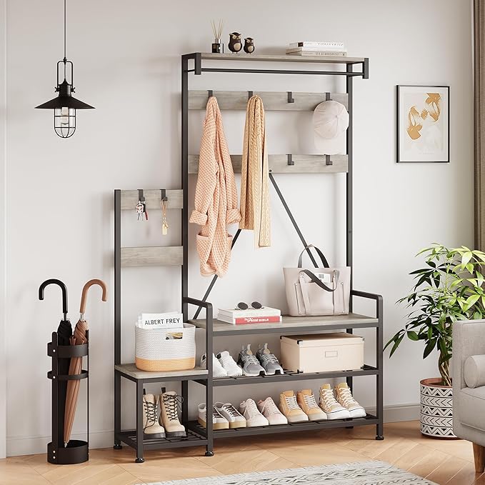 IDEALHOUSE Hall Tree with Bench and Shoe Storage Parent-Child Coat Rack Shoe Bench Industrial Coat Tree Entryway Large Organizer with Shoe Rack, Storage Cubbies, Hooks, and Top Shelf-Ruum Studio Home