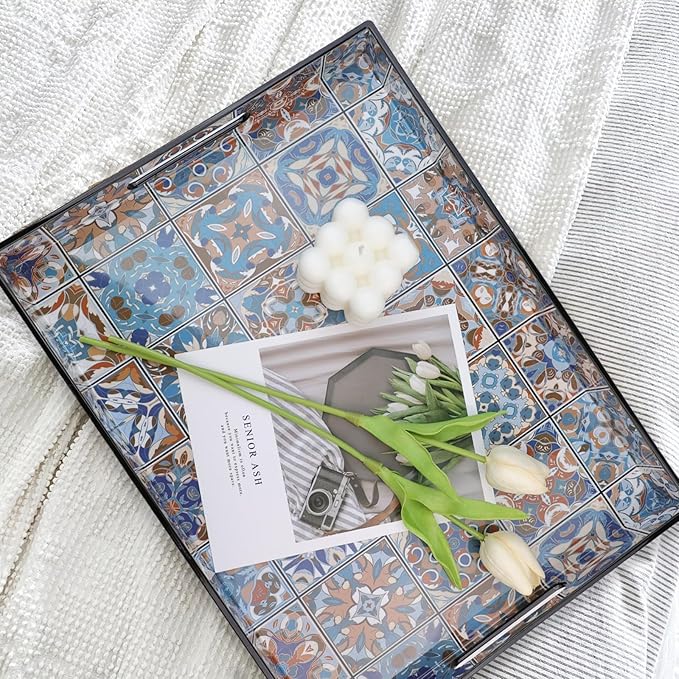 Spsyrine Serving Tray with Handles, Plastic Decorative Tray for Coffee Table, Living Room, Home Decor,Boho-Ruum Studio Home