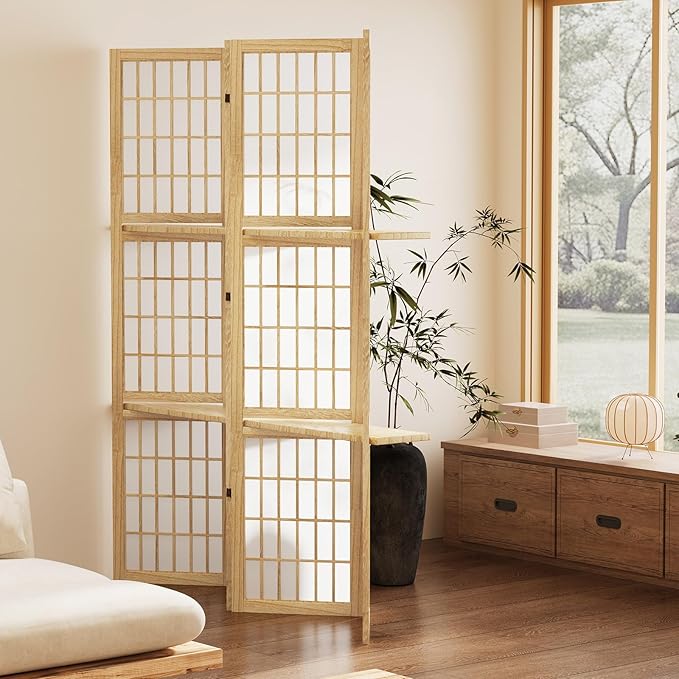 5.6FT Room Divider and Folding Portable Partition Screen, Chinese Japanese Shoji Style with Three Display Shelves for Room Separation - 4 Panel (Natural)-Ruum Studio Home