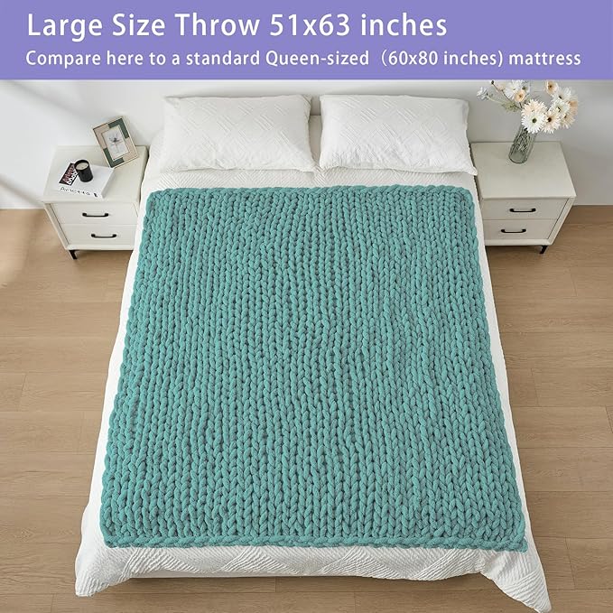 Bigacogo Chunky Knit Throw Blanket for Couch, 51x63 inches, 100% Hand Knitted with Thick Jumbo Chenille Yarn, Cozy Soft Large Rope Knot Cable Crochet Blankets for Sofa Bed Living Room, Light Teal-Ruum Studio Home