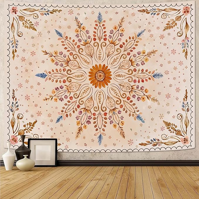 Fowocu Boho Floral Mandala Tapestry for Bedroom Aesthetic Watercolor Bohemian Flower Wall Tapestry Brown Beige Hippie Indian Small Tapestries Wall Hanging for Living Room Dorm Decor 40 x 30 Inch-Ruum Studio Home