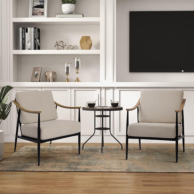Modern Accent Chairs Set of 2 for Living Room Bedroom Mid Century Arm Chairs Upholstered Office Accent Chairs Comfy Waiting Room Chairs with Metal Frame, Beige-Ruum Studio Home