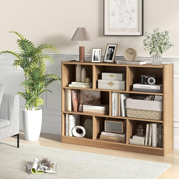 Tangkula 8-Cube Bookcase, Wood 3 Tier Open Storage Bookshelf, Modern Multipurpose Display Cabinet for Living Room, Study, Reading Nook, 48 x 12.5 x 36.5 Inch, Natural-Ruum Studio Home