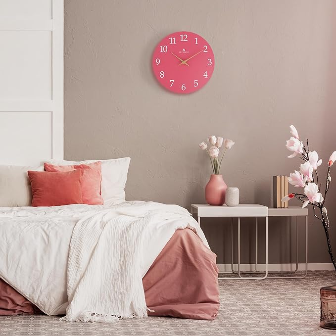 Lafocuse 12 Inch Silent Pink Wall Clock Battery Operated for Living Room Decor, Simple Minimalist Wooden Kids Pink Clock for Girls Bedroom Office-Ruum Studio Home