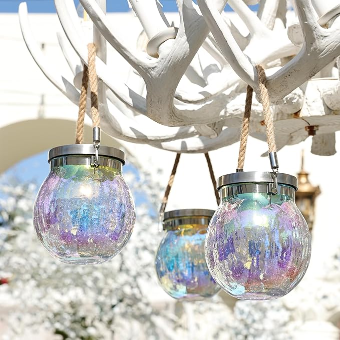 Cooo 2 Pack Solar Lantern Outdoor Waterproof Iridescent Crackle Glass with 215% Larger Solar Panel, Stainless Steel Lid – Rainbow Glass Hanging Light with Cool White LED for Garden Patio Table-Ruum Studio Home