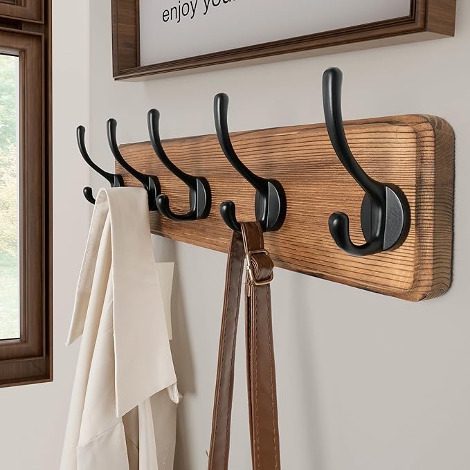 SKOLOO Rustic Wall Mounted Coat Rack, Case of 2, Pine Solid Wood Coat Hook Hanger - 5 Hooks for Hanging Clothes Robes Towels Coats-Ruum Studio Home