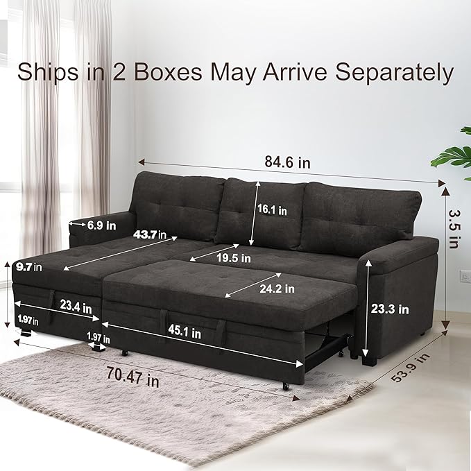 Naomi Home Transform Any Space: Sleeper Sectional Sofa with Convertible Sofa Bed & Inviting Chaise. Find Tranquil Comfort with Stress-Relieving Design & Durable Cushions - Espresso/Velvet-Ruum Studio Home