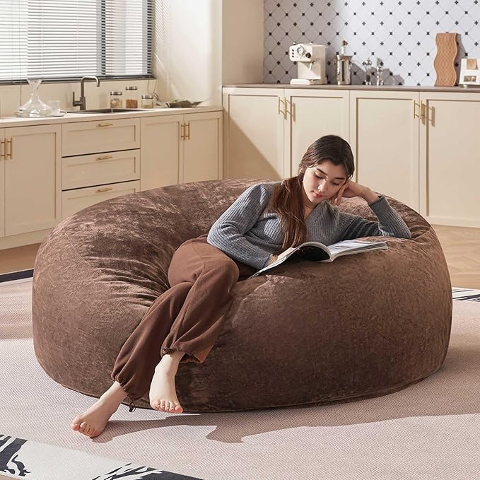 Bean Bag Chair 5Ft, Memory Foam Filled, Large Beanbag Chairs for Adults and Teens, Soft Sofa with Removable Flannel Cover, Round Couch for Living Room Bedroom College Dorm (Coffee, 5FT-60×60"×24")-Ruum Studio Home