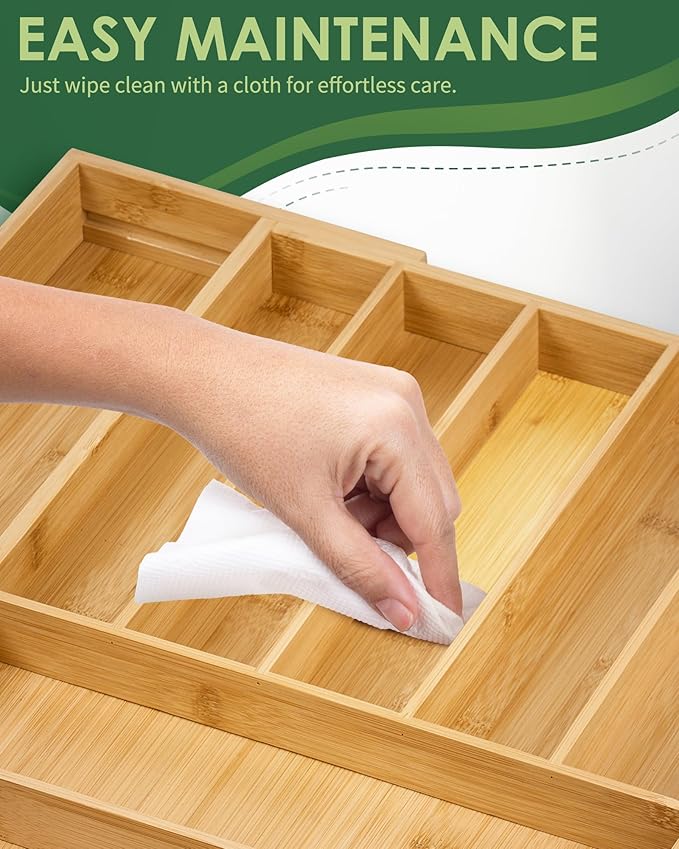 Premium Bamboo Expandable Drawer Organizer, 7-9 Slots Adjustable Kitchen Drawer Organizer for Large Cooking Utensils Cutlery, Kitchen Drawer Organization-Ruum Studio Home