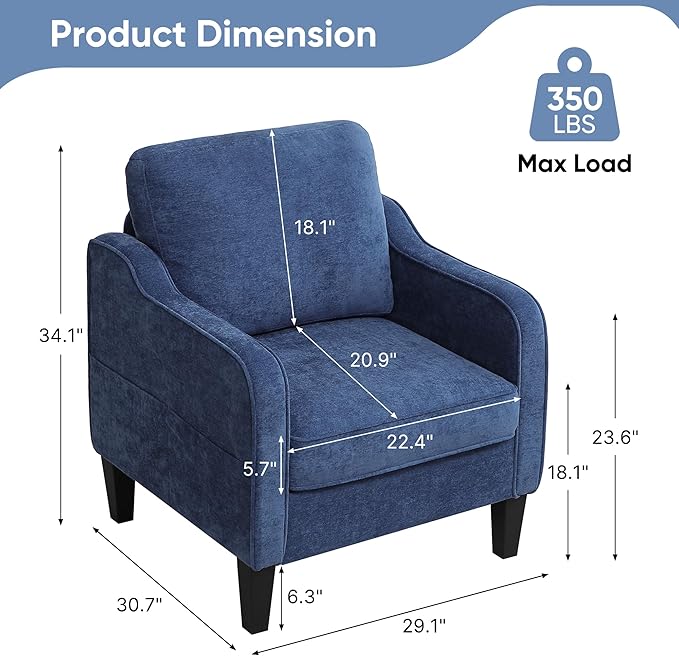 Accent Chairs Set of 2, Upholstered Living Room Chairs with Side Pockets, Mid Century Modern Reading Chair for Bedroom, Comfy Armchair Single Sofa Side Chair for Office, Small Room, Blue-Ruum Studio Home