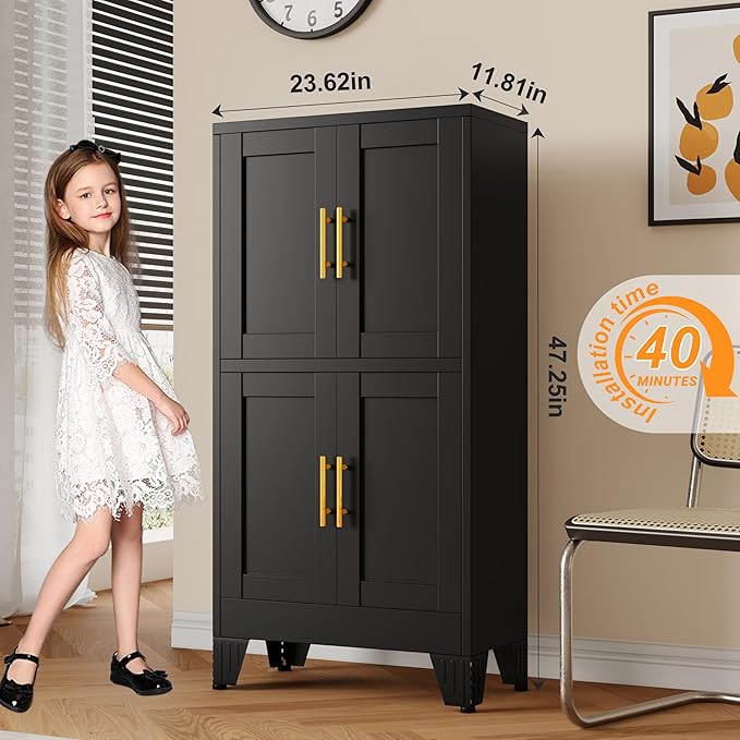 47.25" Metal Storage Cabinet, Black Kitchen Food Storage with 4 Door and 2 Adjustable Shelves, Freestanding Bathroom Cabinet, Pantry for Kitchen Dinning Room, Cupboard-Ruum Studio Home