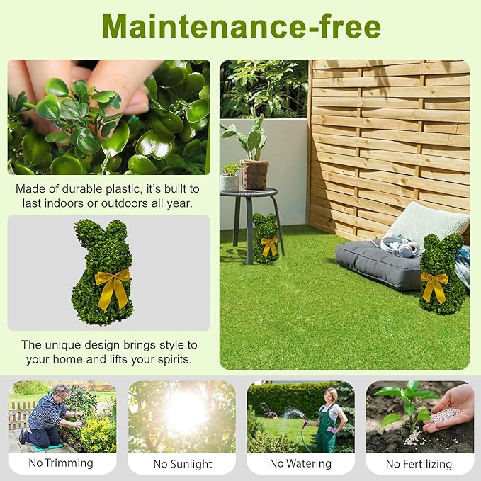 2 Pcs Artificial Bunny Shaped Topiary Trees, Artificial Green Boxwood Bunny Decorations with Gold Bow, Perfect for Indoor & Outdoor Front Porch, Easter& Garden Decor (Bunny Tree Without Base)-Ruum Studio Home